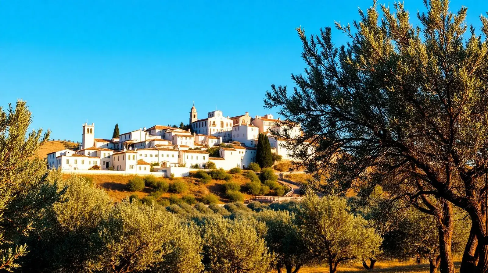 Weißes Bergdorf in Andalusien zwischen Olivenhainen