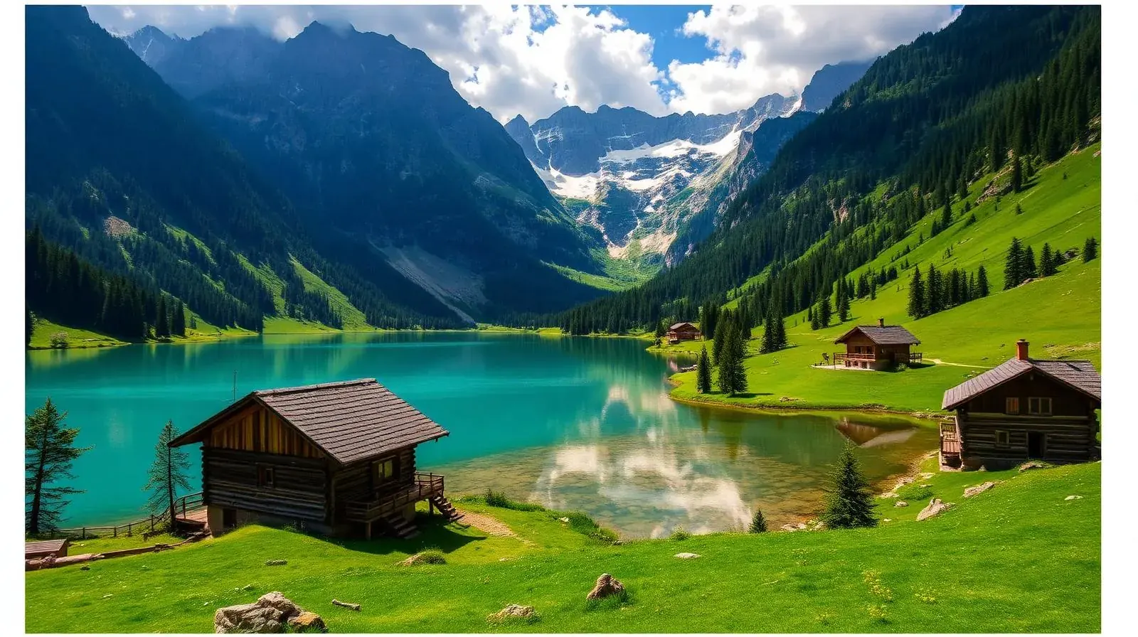 Türkiser Alpensee mit Bergpanorama und Hütten in Bayern