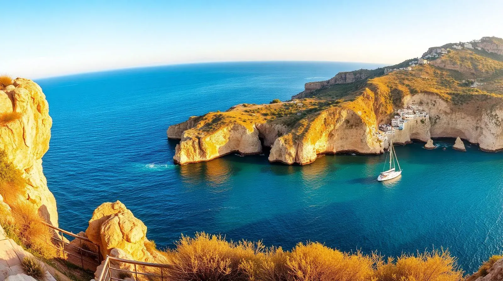 Mediterrane Bucht mit Segelboot bei warmem Abendlicht