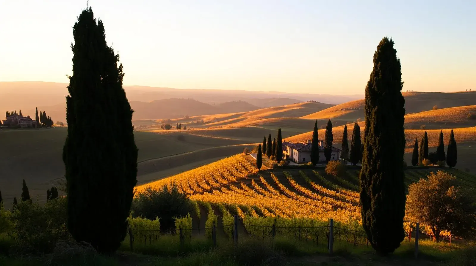 Toskanische Landschaft mit Zypressen und Weingut im Abendlicht