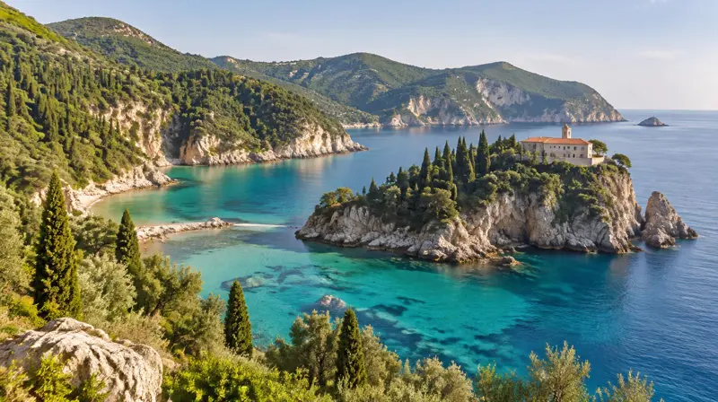 Bucht von Paleokastritsa mit Zypressen und Kloster auf dem Felsen auf Korfu
