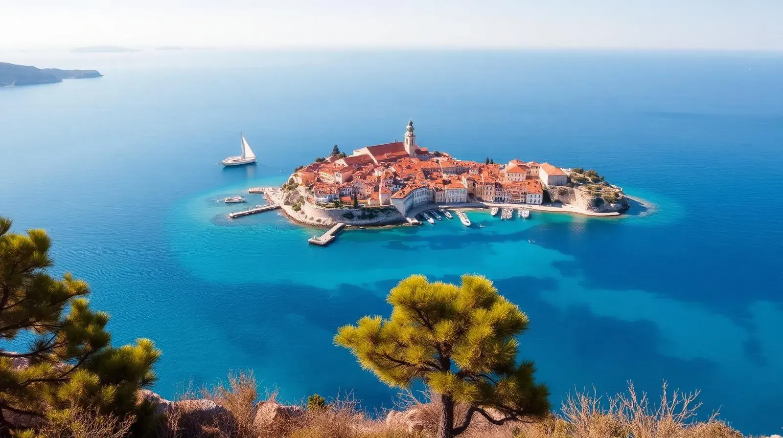 Kroatische Adriaküste mit Altstadt auf Halbinsel und Segelboot