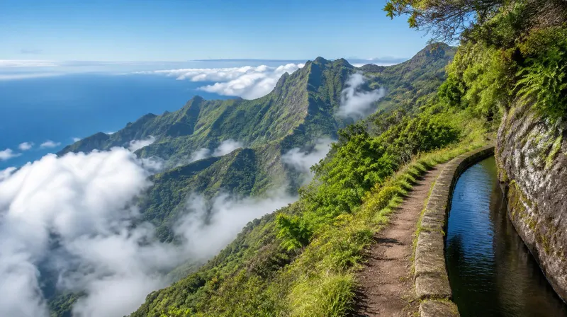 Levada-Wanderweg an grünen Berghängen über den Wolken auf Madeira