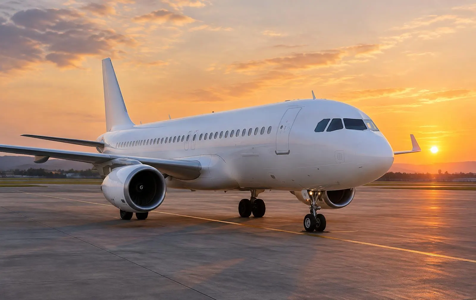 Weißes Flugzeug ohne Beschriftung auf dem Vorfeld bei Sonnenuntergang