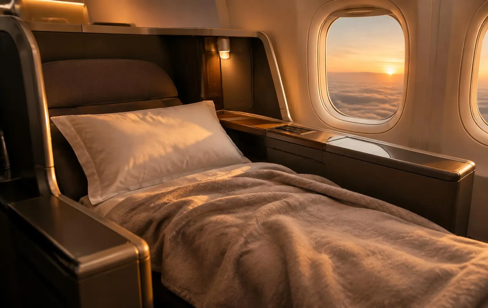Leerer Business-Class-Sitz mit Decke am Flugzeugfenster im Abendlicht