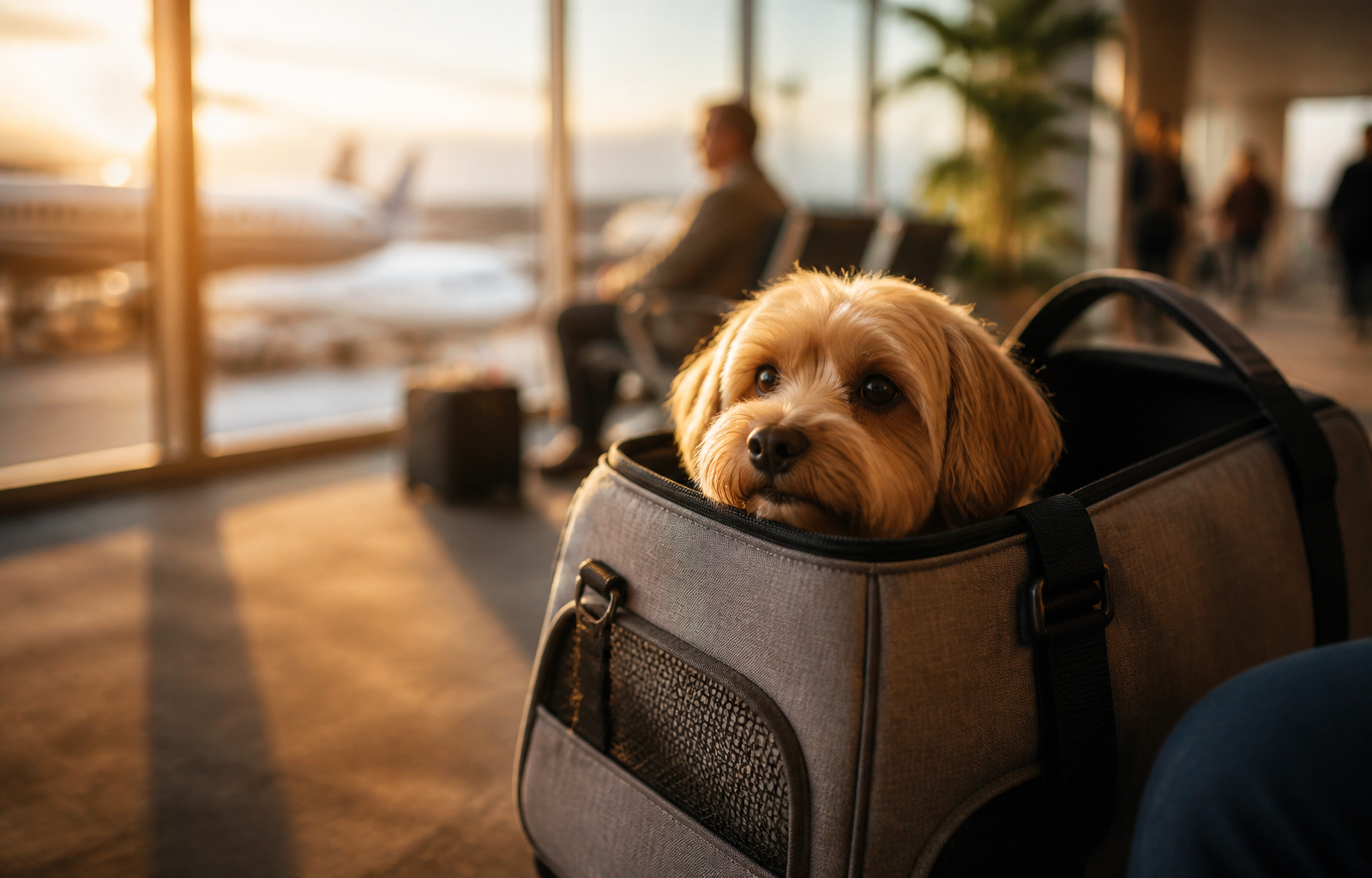 Kleiner Hund schaut aus weicher Transporttasche am Flughafen-Gate im warmen Abendlicht