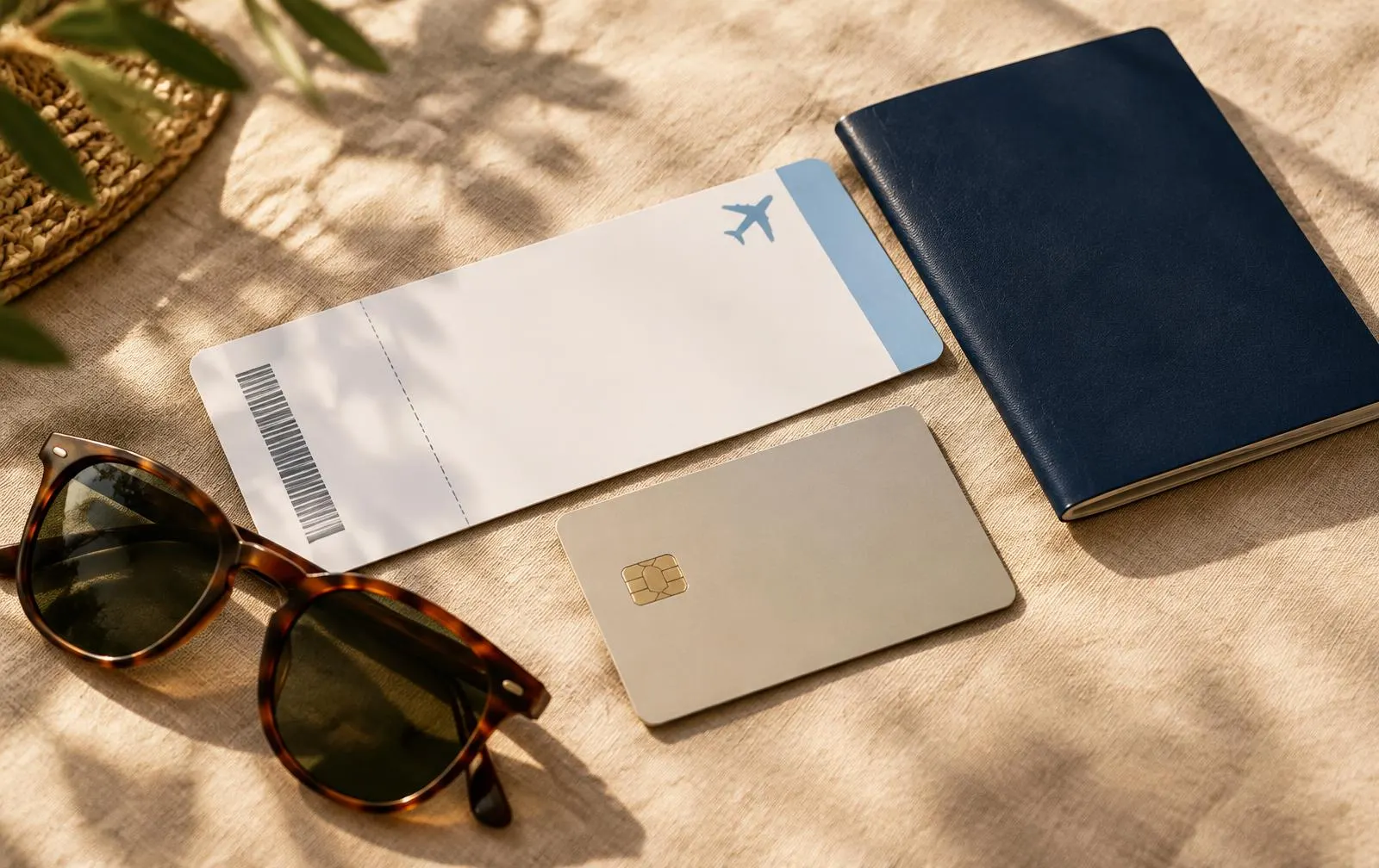 Neutrale Karte ohne Aufdruck neben Bordkarte, Reisepass und Sonnenbrille