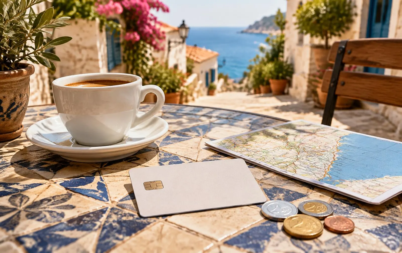 Neutrale Karte ohne Aufdruck mit Kaffee, Karte und Münzen auf einem Cafétisch am Meer