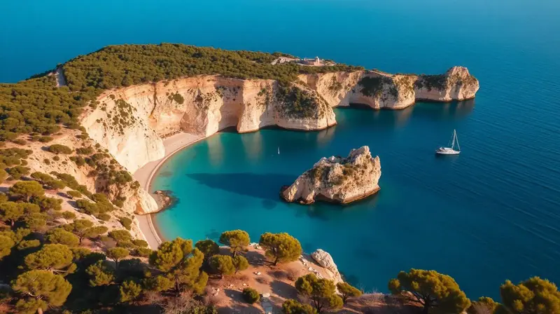 Türkise Bucht auf Mallorca mit Kalksteinklippen und Pinien