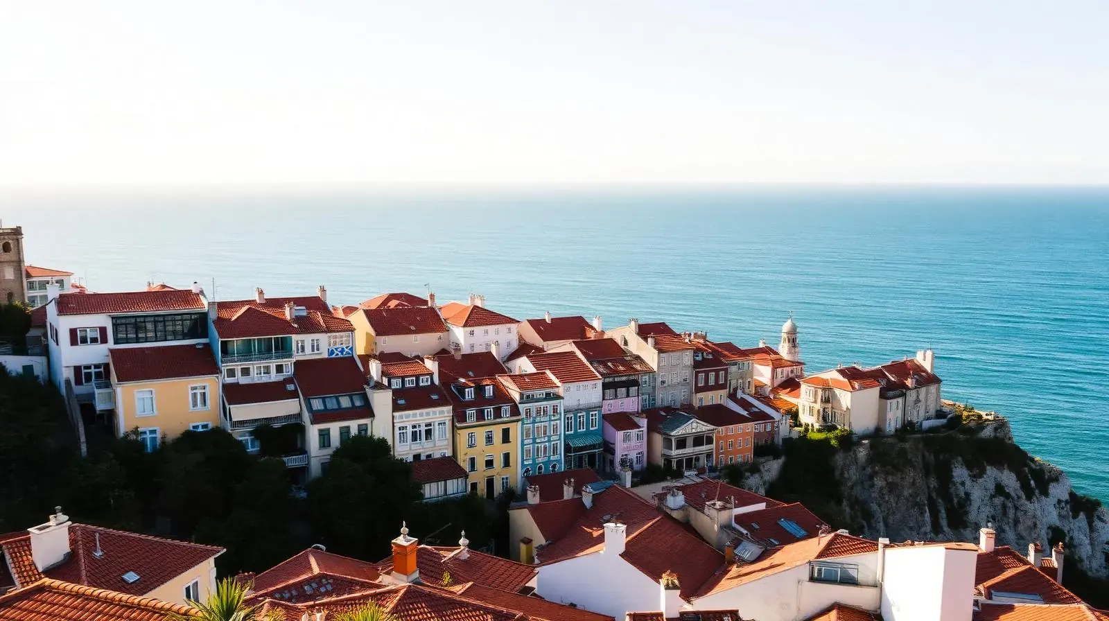 Portugiesisches Küstenviertel mit bunten Häusern am Atlantik