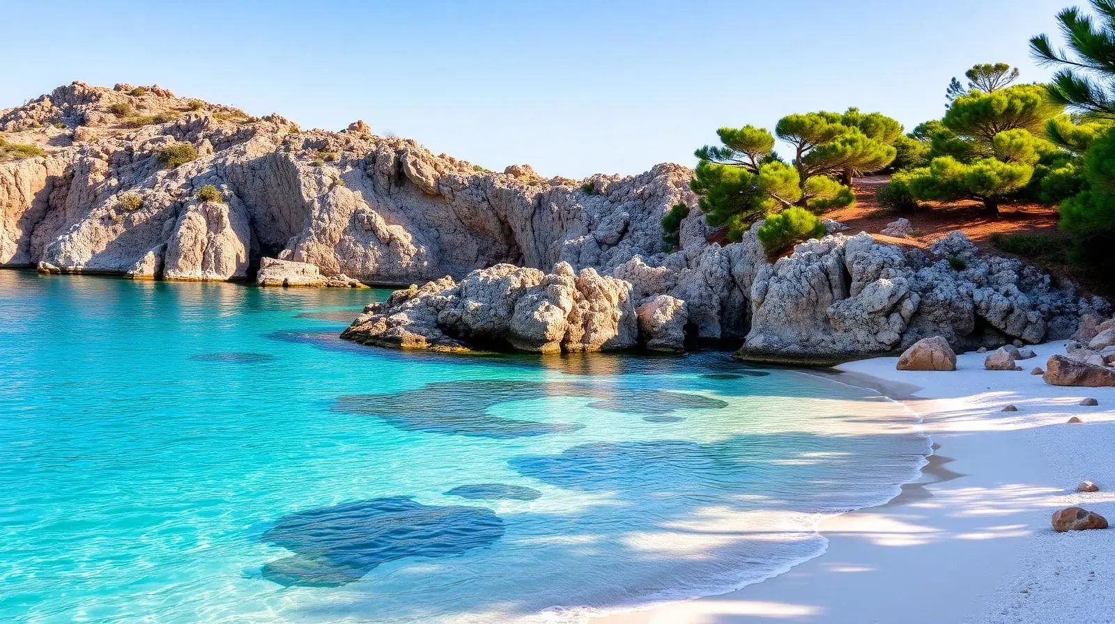 Smaragdgrüne Bucht mit weißem Sand und Pinien auf Sardinien