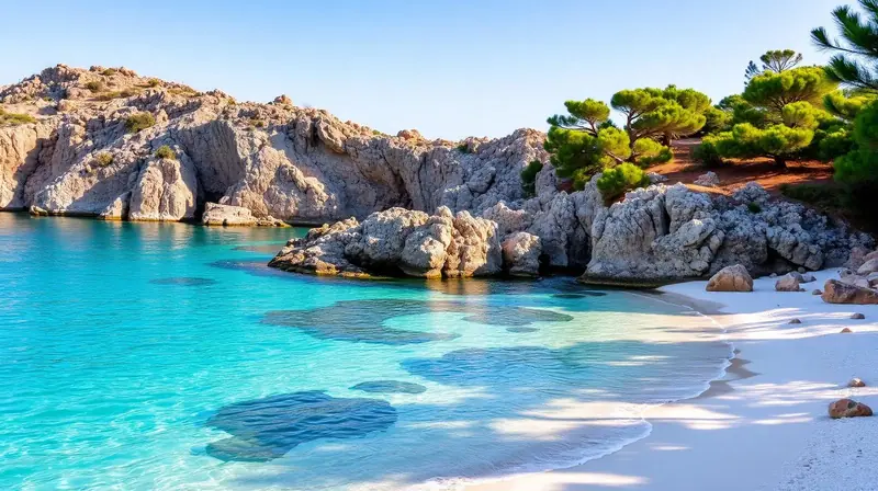Smaragdgrüne Bucht mit weißem Sand und Pinien auf Sardinien