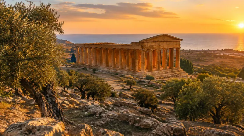 Griechischer Tempel zwischen Olivenbäumen im Abendlicht auf Sizilien