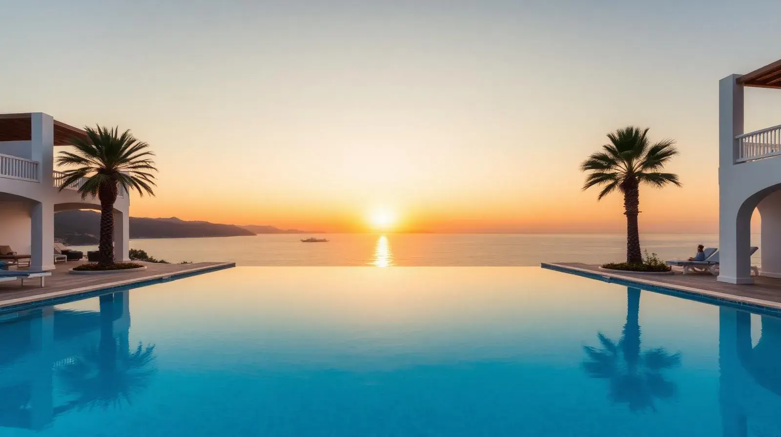 Luxuriöser Pool mit Meerblick bei Sonnenuntergang