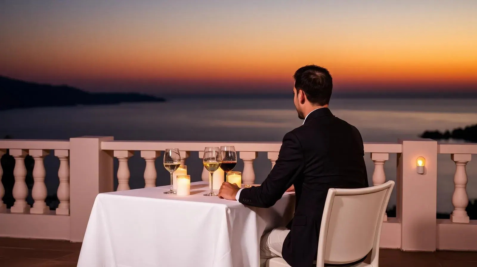 Romantisches Abendessen mit Blick aufs Meer bei Sonnenuntergang