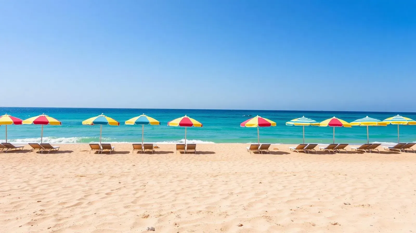 Klassischer Sommerstrand mit bunten Sonnenschirmen