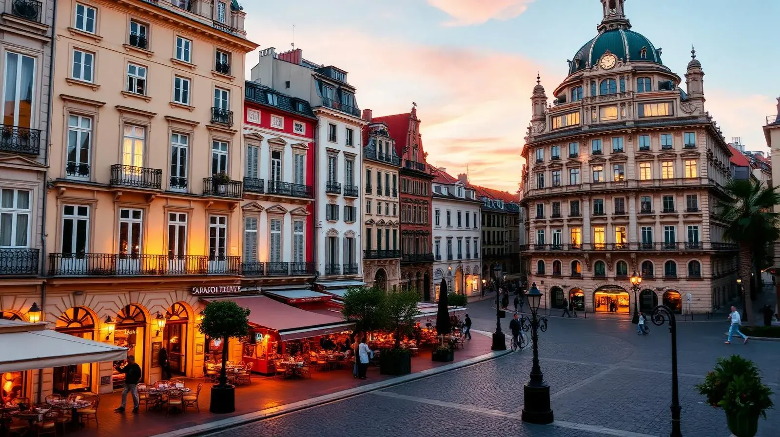 Stilvolle europäische Altstadt im Abendlicht
