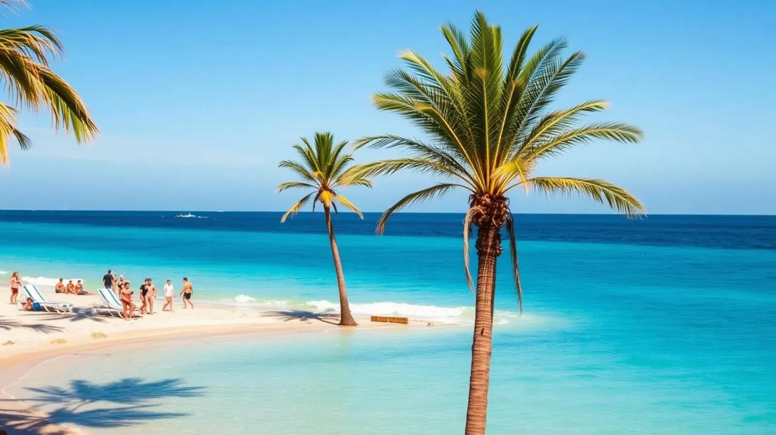 Strand mit Palmen unter blauem Winterhimmel
